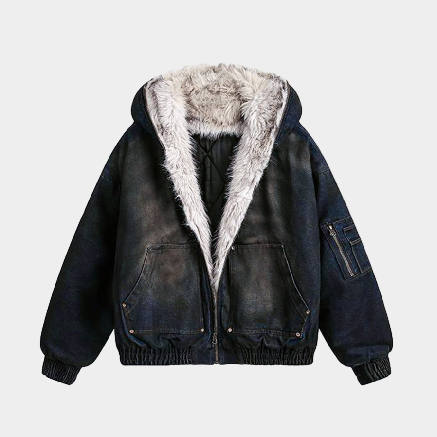 Denim Fur Hooded Jacket