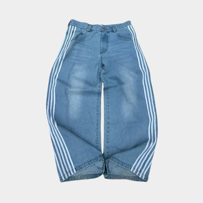 Embroidered Striped Baggy Jeans - Black/White