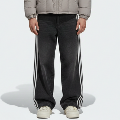 Embroidered Striped Baggy Jeans - Black/White