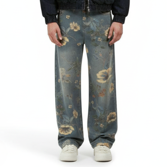 Denim Floral Print Jeans
