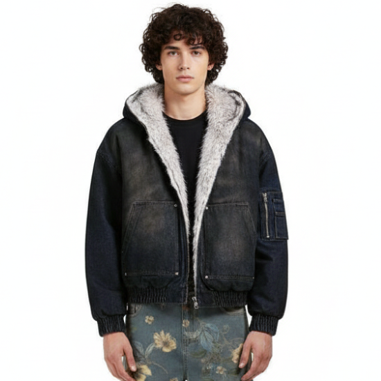 Denim Fur Hooded Jacket