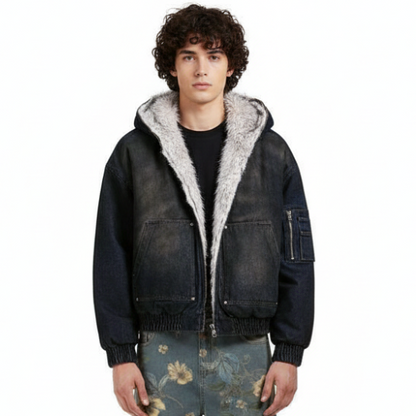 Denim Fur Hooded Jacket