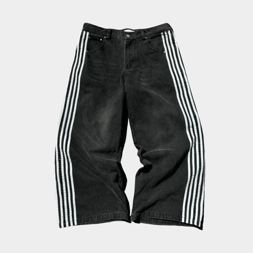 Embroidered Striped Baggy Jeans - Black/White