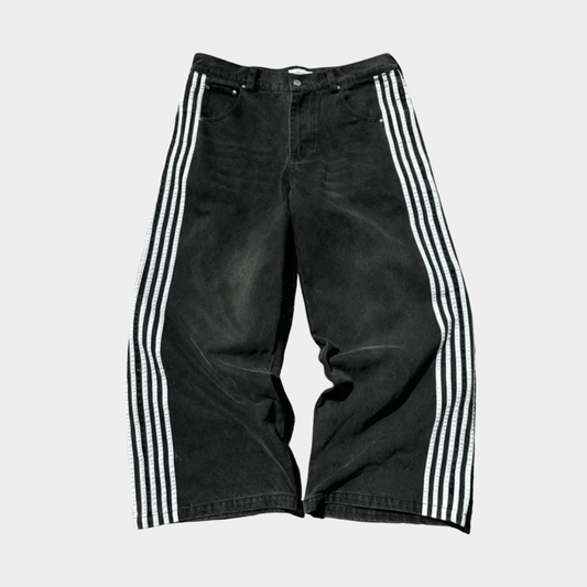 Embroidered Striped Baggy Jeans - Black/White