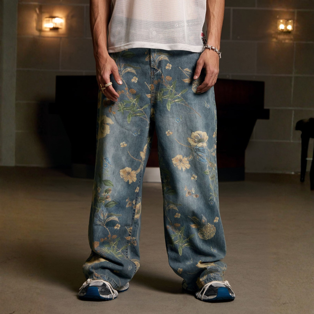 Denim Floral Print Jeans