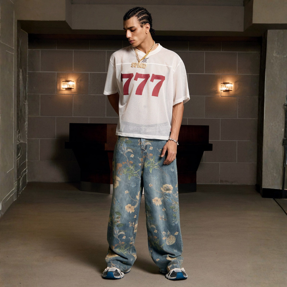 Denim Floral Print Jeans